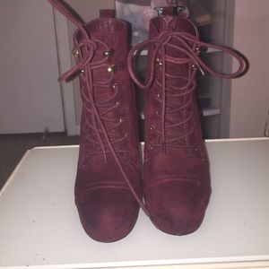 Burgundy velvet lace up heeled boots