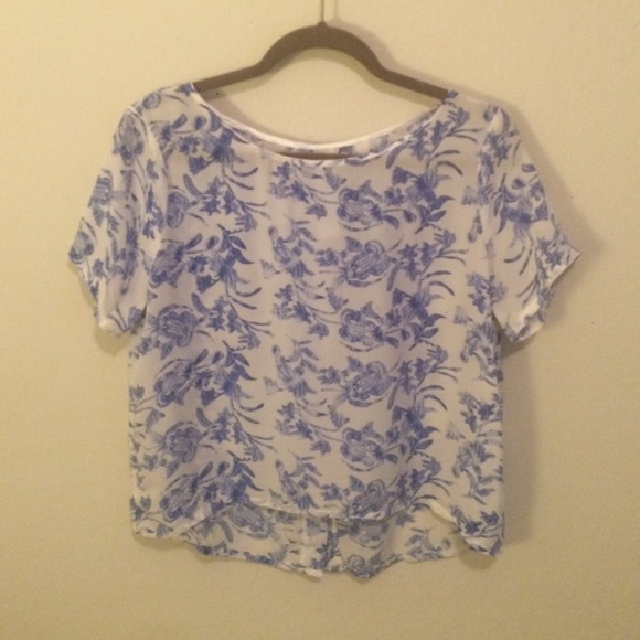 White and blue chiffon open back top