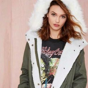 Green white fur hood jacket