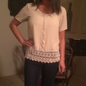 Cream chiffon top with eyelet/crochet trim