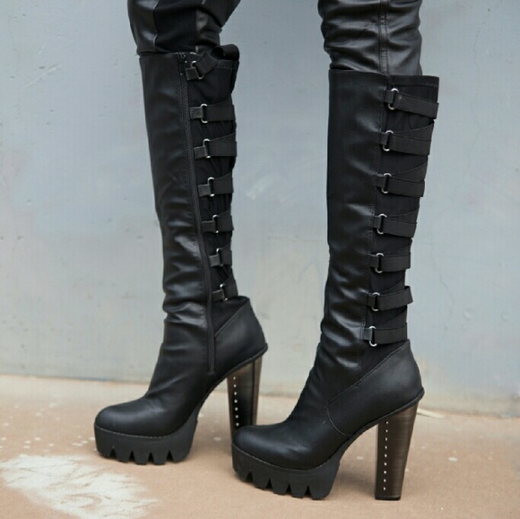 Black Wide Metal Heel Strappy Boots Knee High 10
