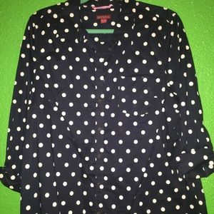 Target Merona navy and white polka dot blouse.