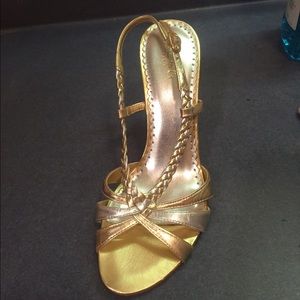 BCBG Paris, gold, braided strappy heels size 7.5