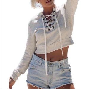 NEW Gray Lace Up Crop Sweatshirt