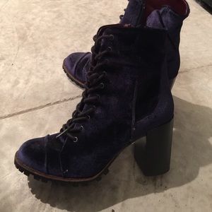Blue velvet high heel boots