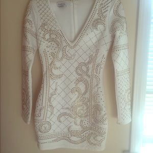 BEBE gold embroidered, white quilted dress