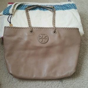 Tory burch taupe hobo gold and leather handle