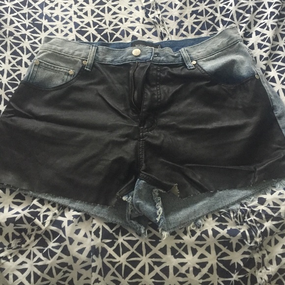 Leather denim shorts