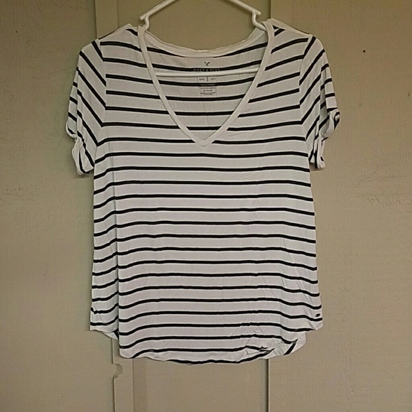 American Eagle Striped V Neck Tee - Picture 1 of 4