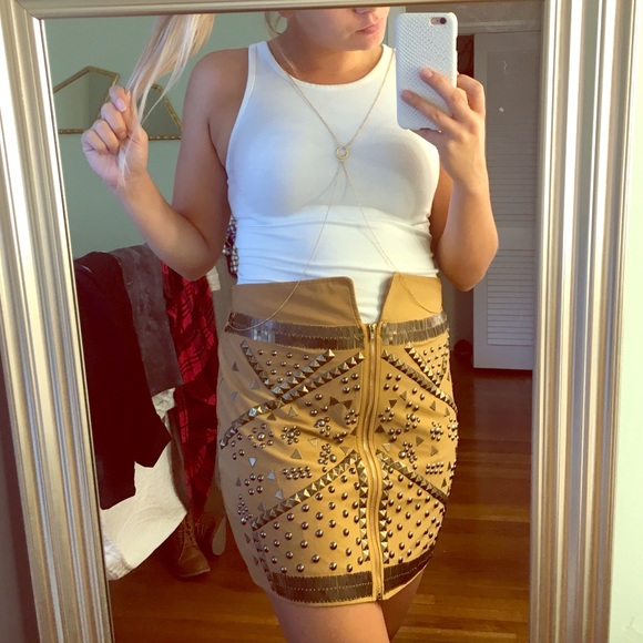 Camel Colored Studded Mini Skirt