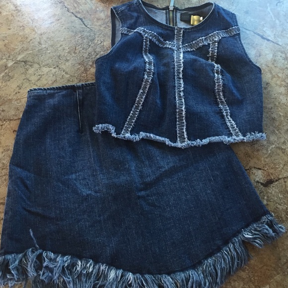 Kendall+Kylie denim crop top and high rise skirt