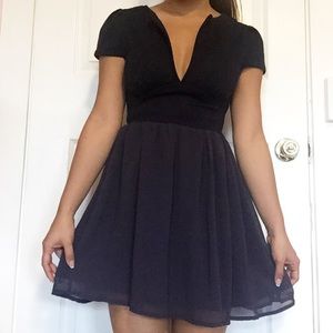 Navy Deep V Cap Sleeve Dress