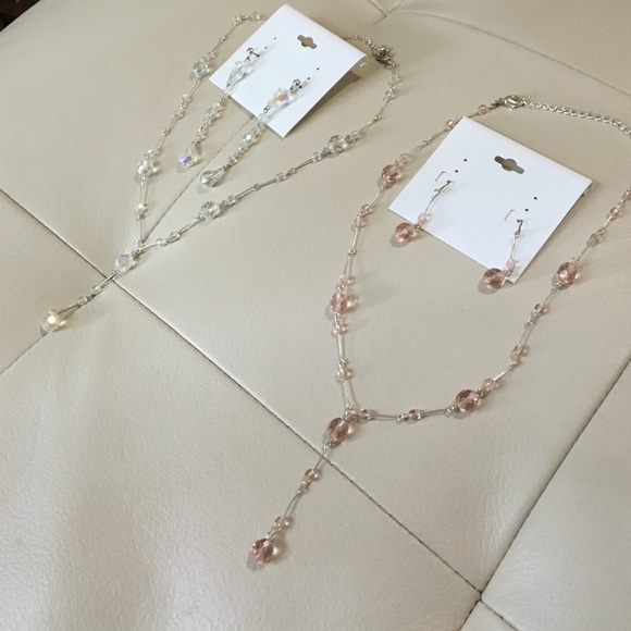 Pink and Clear Necklaces with Matching Earings