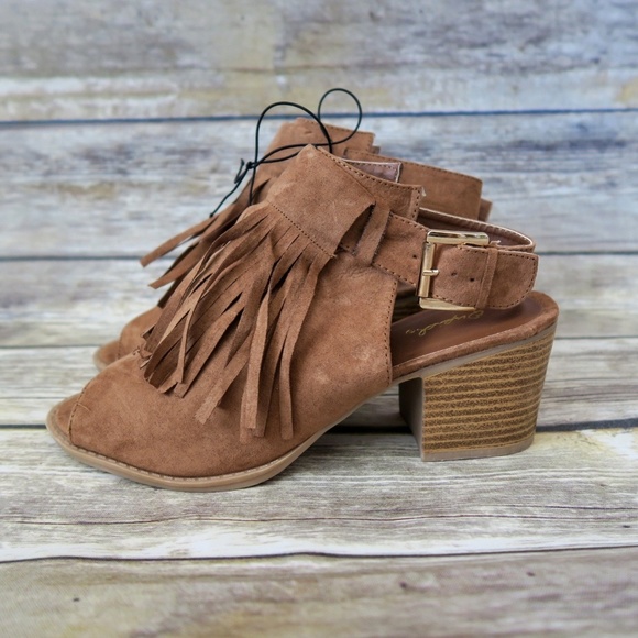 Qupid Shoes - SoldCamel fringe ankle strap chunky heel