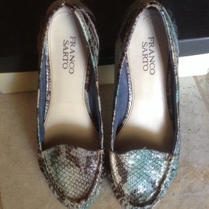 Reduced Franco Sarto turquoise and purple loafers.