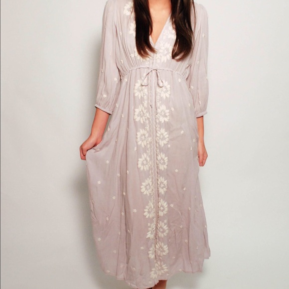 Free People Embroidered Grey Midi Dress