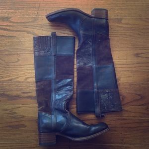 Frye Boots, brown patch work Frye Boots.
