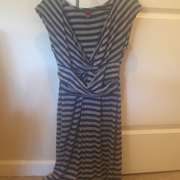 Gray & Navy Striped V-Neck Dress