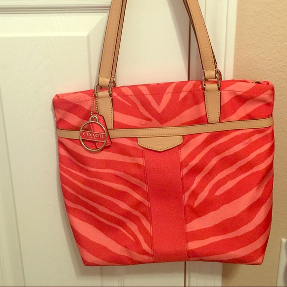 Hot Coral Signature Stripe Zebra Tote.