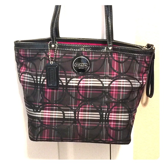 Purple plaid medium coach tote.