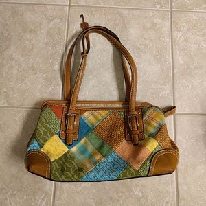 Fossil patch work and leather shoulder bag