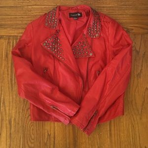 Red studded jacket.