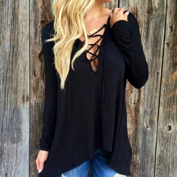 Tops - 🎈Lace Up front Black Blouse Small
