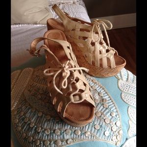 Tan Lace Up Wedges w/Cork Looking Bottoms