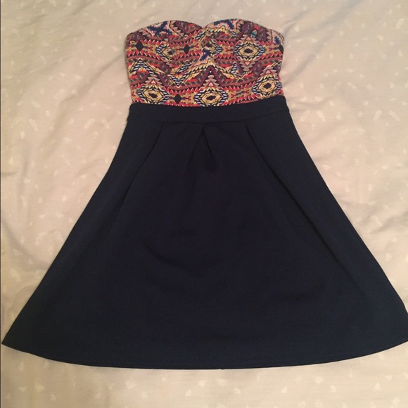 Tribal Print & Navy Strapless Dress