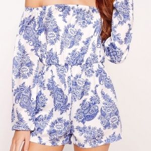Silky strapless blue and white romper