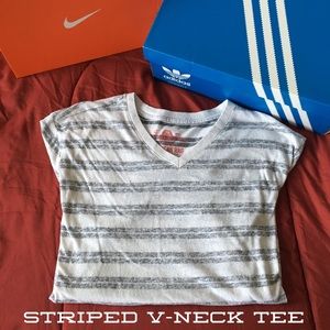 Gray & white striped v-neck tee