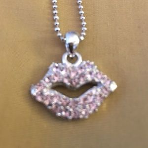Kiss lips necklace silver plated, 15 in, pink crus