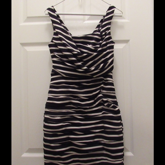 Black and white dress with ruching.