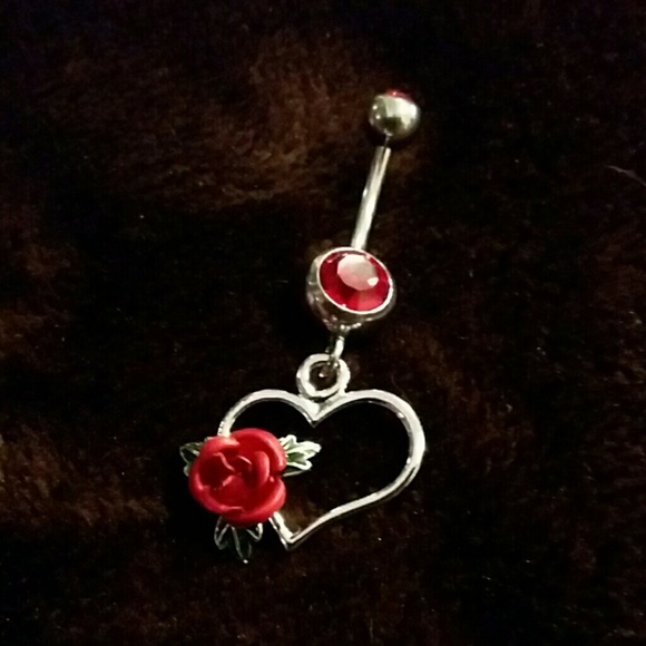 Silver heart with red rose belly button ring