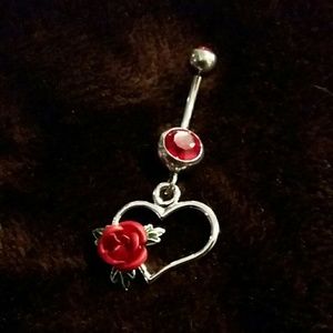 Silver heart with red rose belly button ring