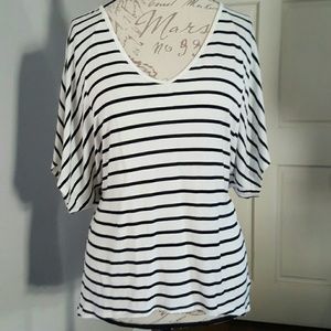 Black/white striped V-neck top