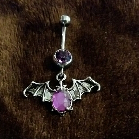 Silver bat with purple rhinestone belly button rin