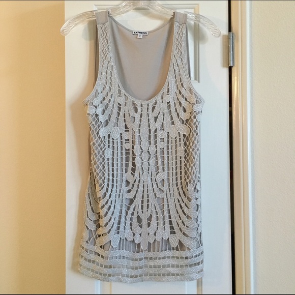 Express Tops - Express Metallic Silver Crochet Top