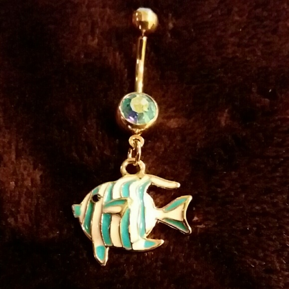 Blue and white tropical fish belly button ring