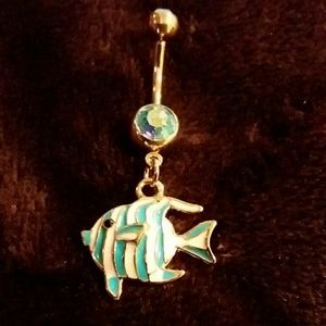 Blue and white tropical fish belly button ring
