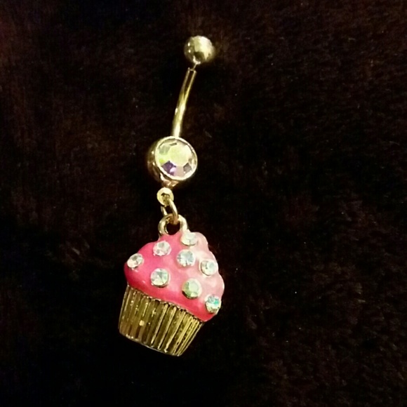 Pink frosted cupcake with rhinestones belly ring