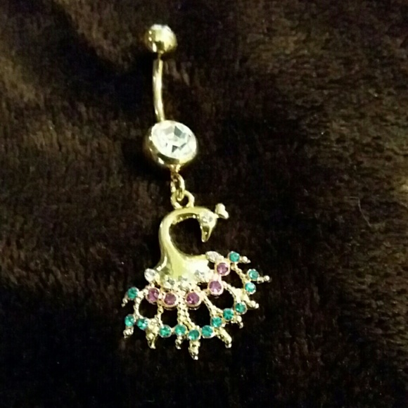 Golden peacock with rhinestones belly button ring