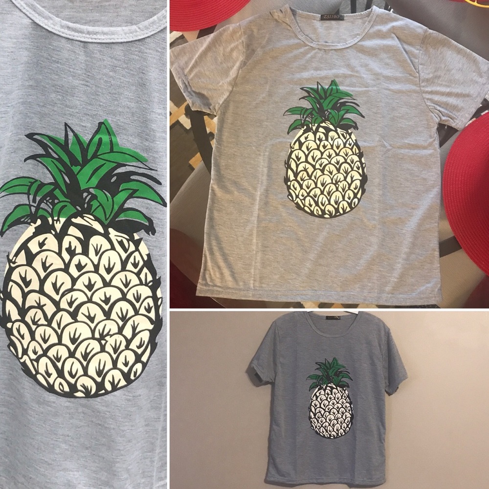Pineapple T-Shirt Fruit Print Gray Graphic Tee - Picture 4 of 5