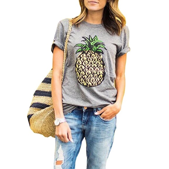 Pineapple T-Shirt Fruit Print Gray Graphic Tee - Picture 5 of 5
