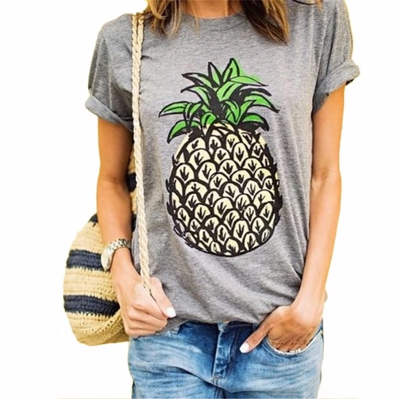 Pineapple T-Shirt Fruit Print Gray Graphic Tee - Picture 2 of 5