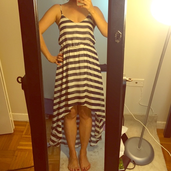 Navy and white striped half midi dress