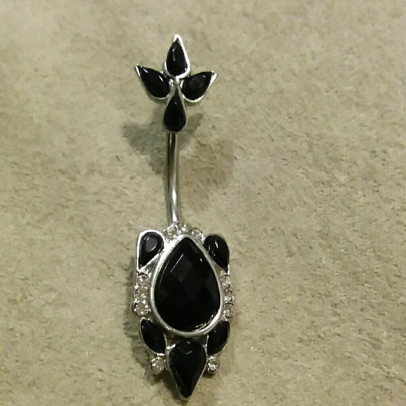 Black and silver rhinestone with flower belly ring