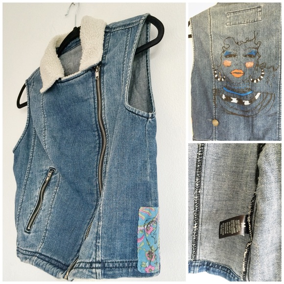 ✨Wearable Art Sherpa and Denim Vest - Size M✨ - Picture 2 of 4