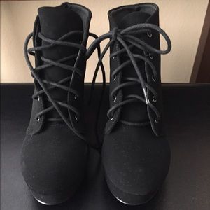 Black lace tie up suede booties