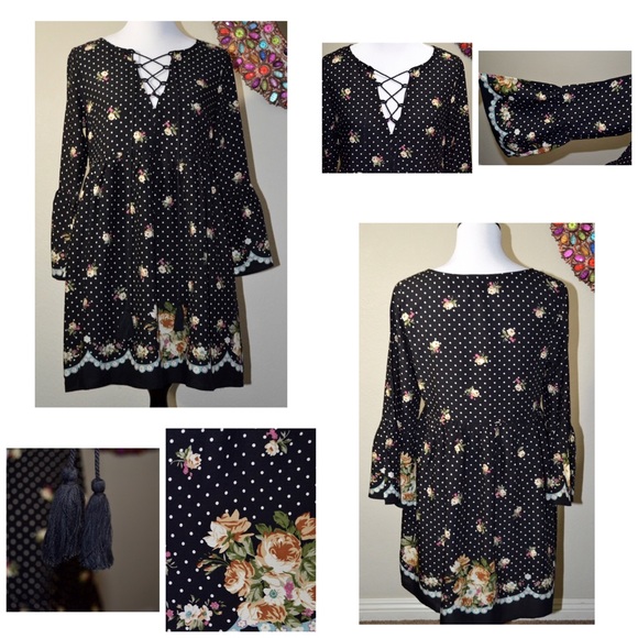 HP 10/24πPolk-a-Dot & Floral Print Peasant Dress - Picture 3 of 4